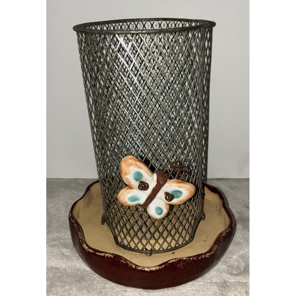 Bird Feeder Ceramic Butterfly Metal Wire *no top, flaw